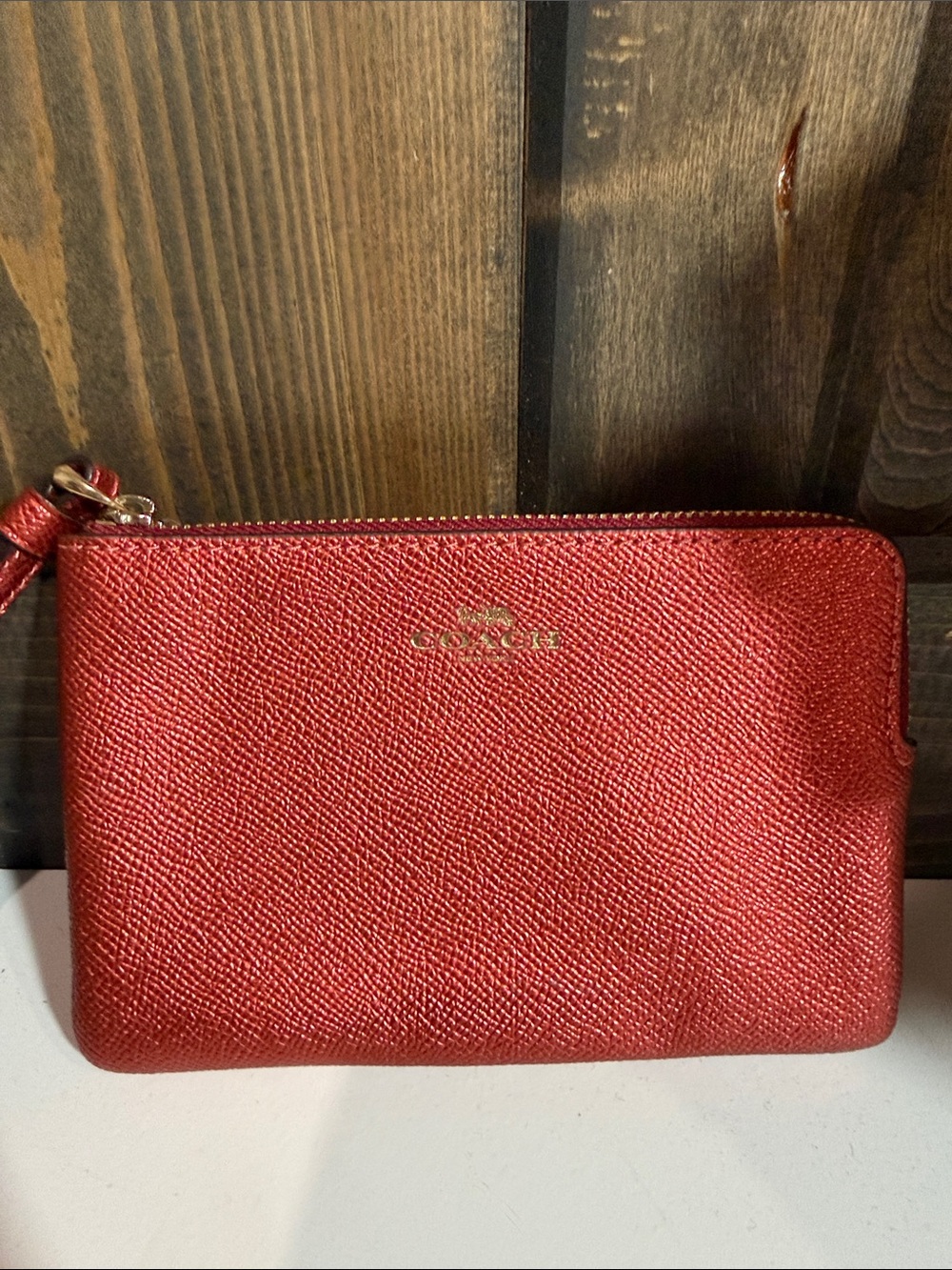 COACH Red Textured Leather Zip Wristlet